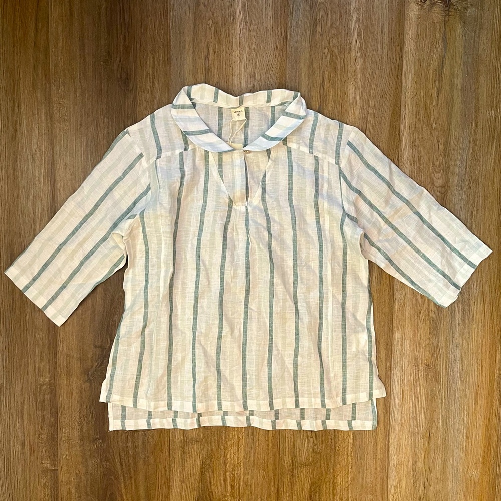 NWT White/ Mint Stripe Lintico Linen ¾-Sleeve Button-Down Shirt